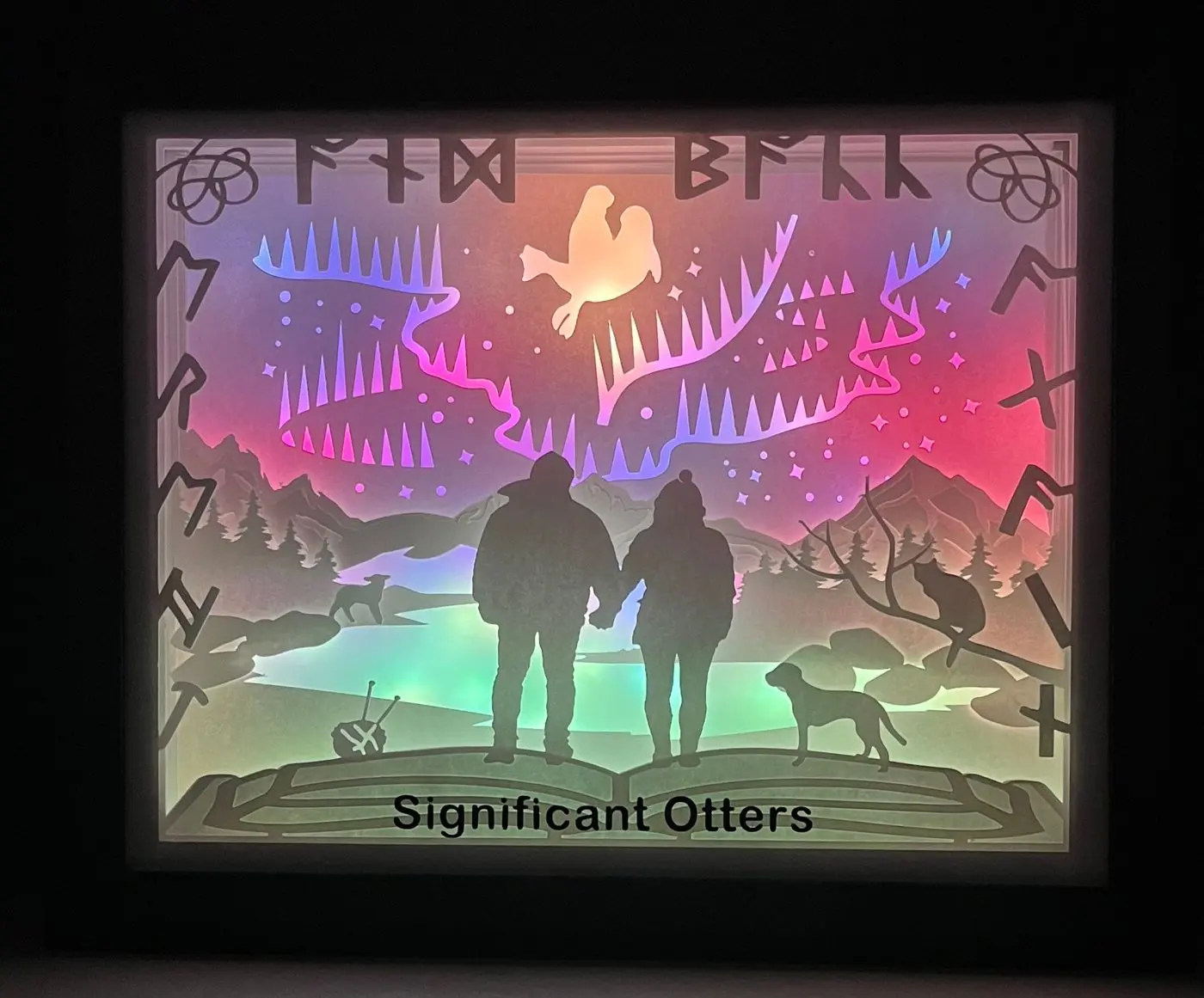 Northern lights paper-cut shadow box, lit from inside, made by Krishacraft in Waterloo