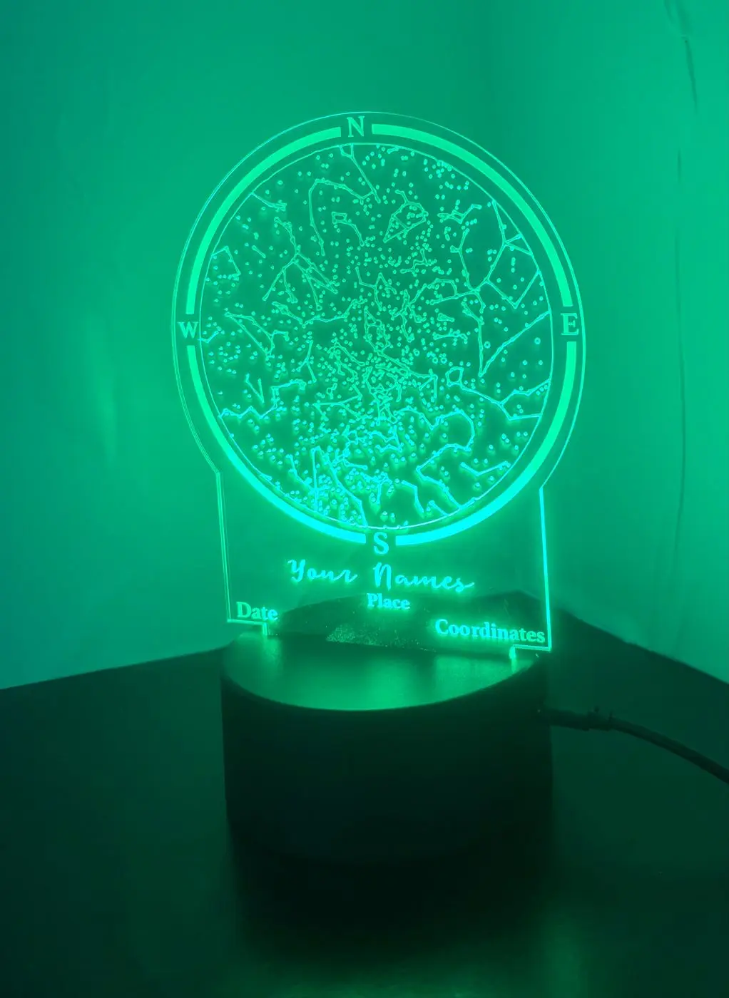 Star map LED lamp with a personalized date, made by Krishacraft in Waterloo