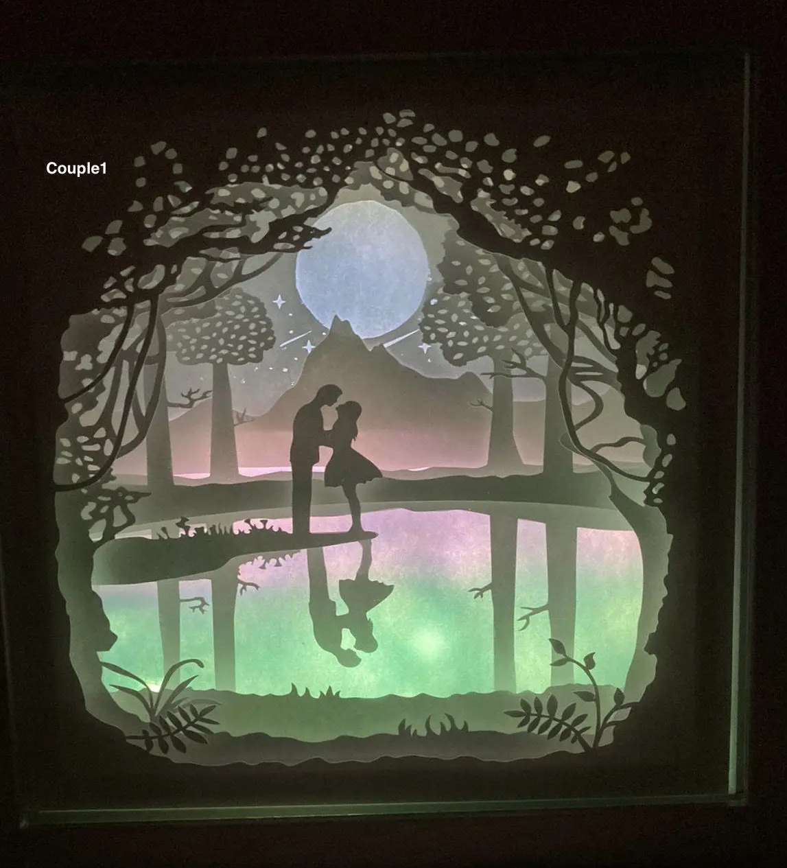 3D Paper Cut Light Box: Couple by Moonlit Lake, handmade in Waterloo